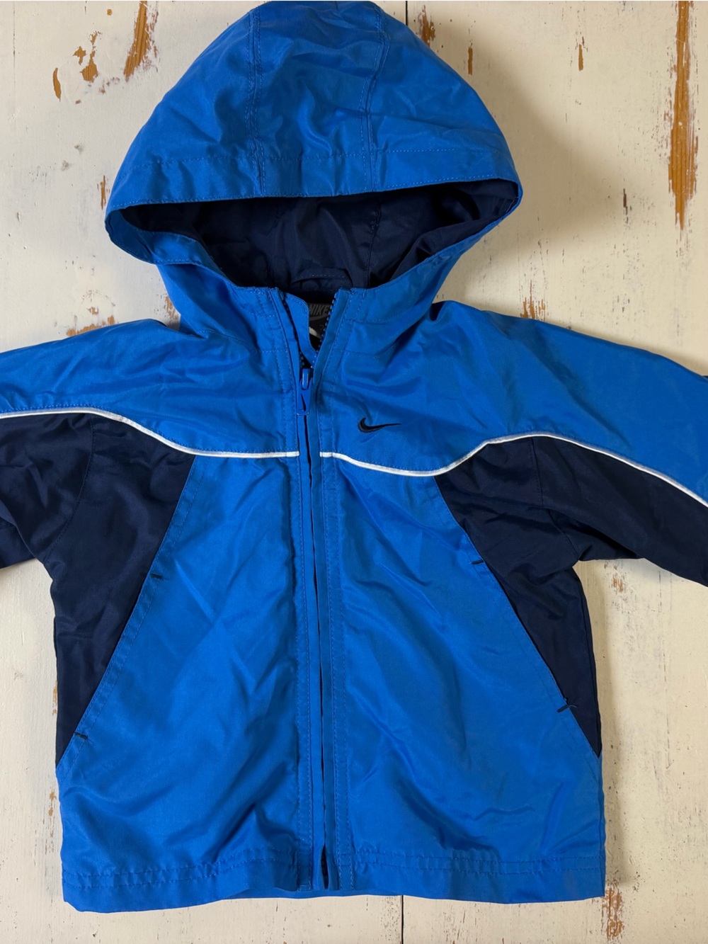 Nike Kids Bright Blue Hooded Rain Jacket with Navy Accents